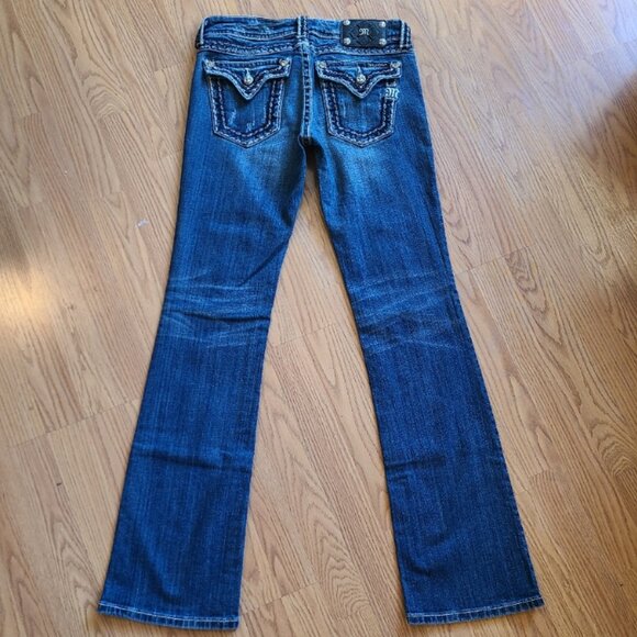 MISS ME HEAVY STITCH EMBELLISHED LOW RISE BOOT CUT JEANS STRETCH DENIM sz 28 - Picture 4 of 8